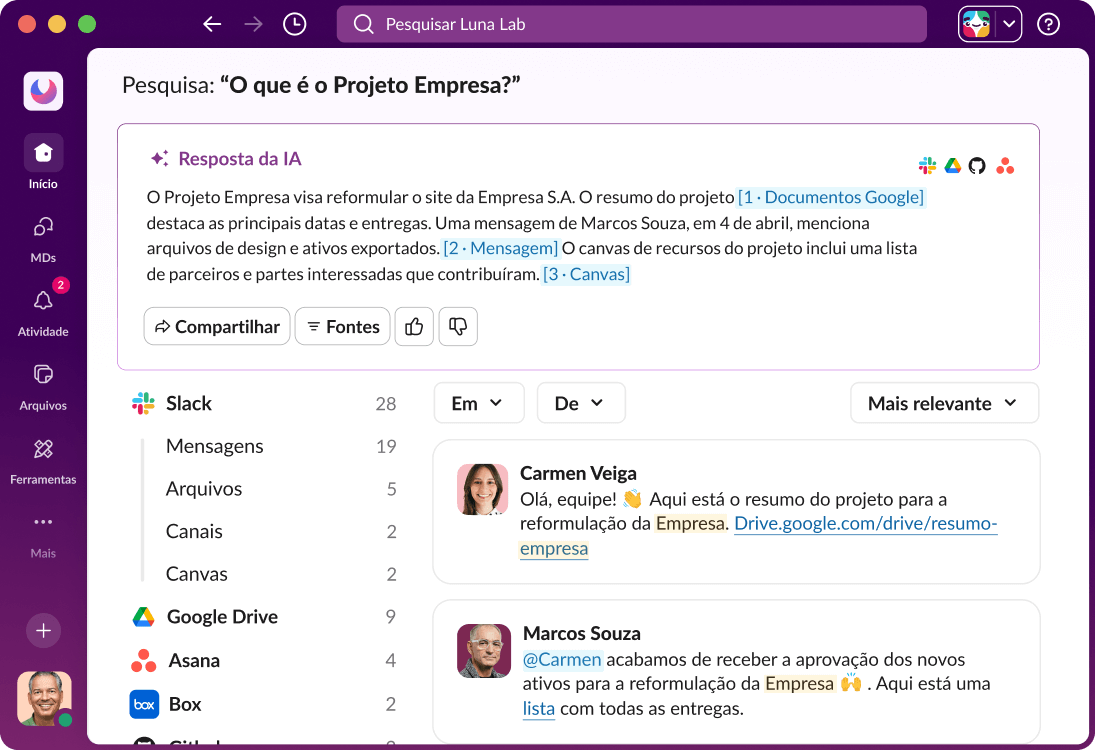 A interface do Slack mostra uma resposta da IA a uma consulta de pesquisa.