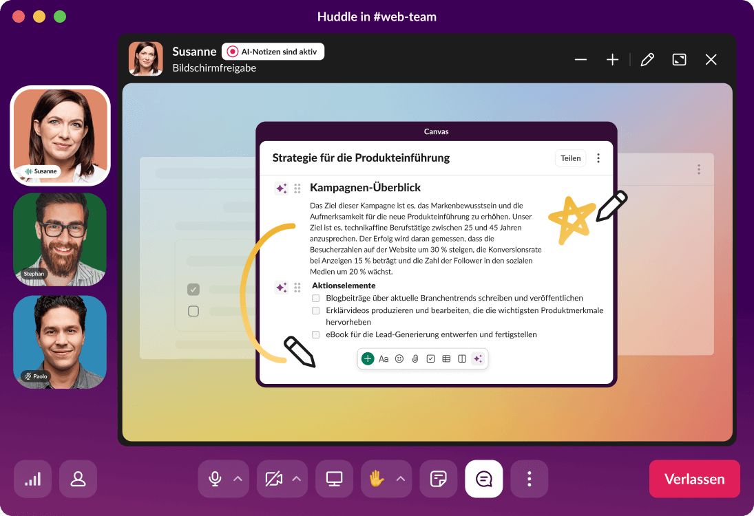 Ein Huddle in Slack zeigt eine Präsentation für die Strategie zur Produkteinführung.