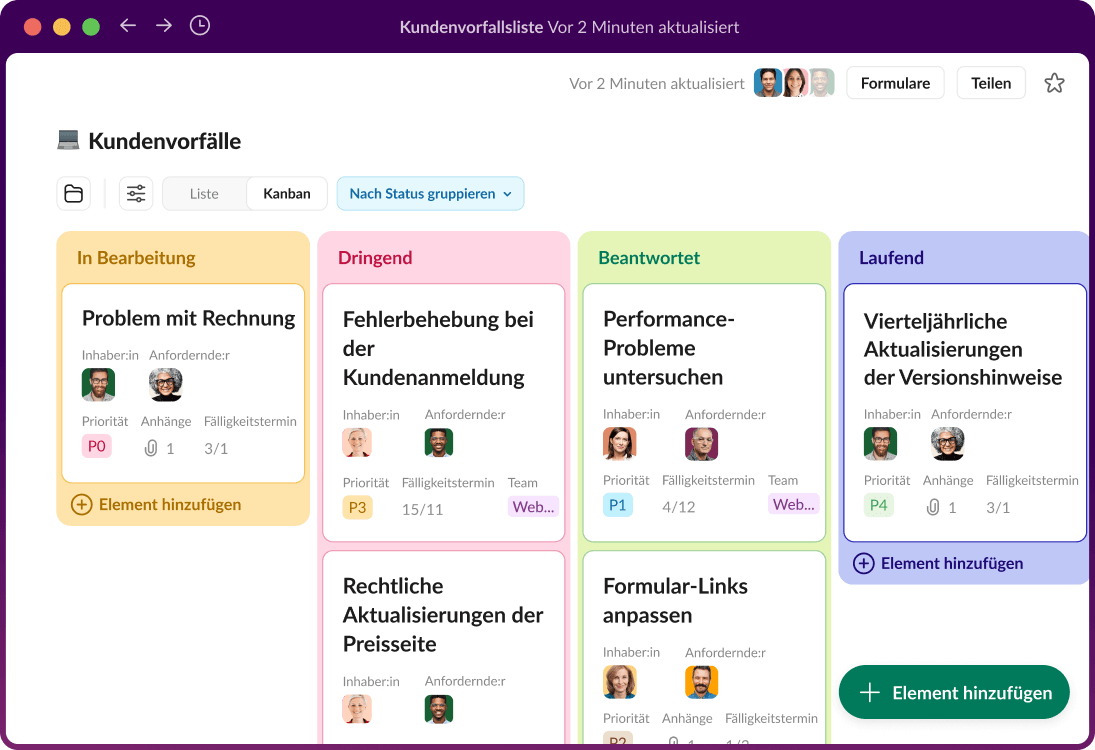 Ein Projektmanagement-Dashboard in Slack zeigt Vorfälle bei Kund:innen.