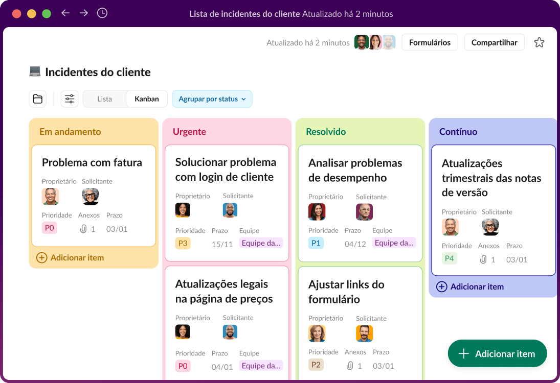Um painel de gerenciamento de projetos no Slack exibe incidentes de clientes.