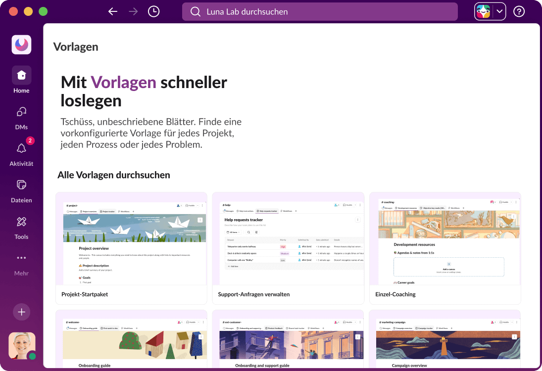 Die Slack-UI zeigt verschiedene Workflow-Vorlagen.