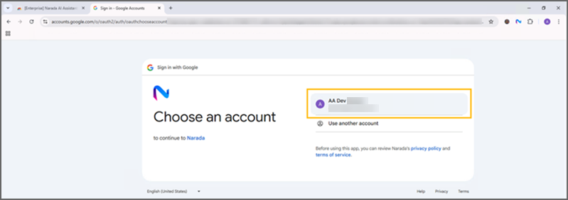 Démontre la sélection du même compte pour Narada que celui utilisé pour Google.