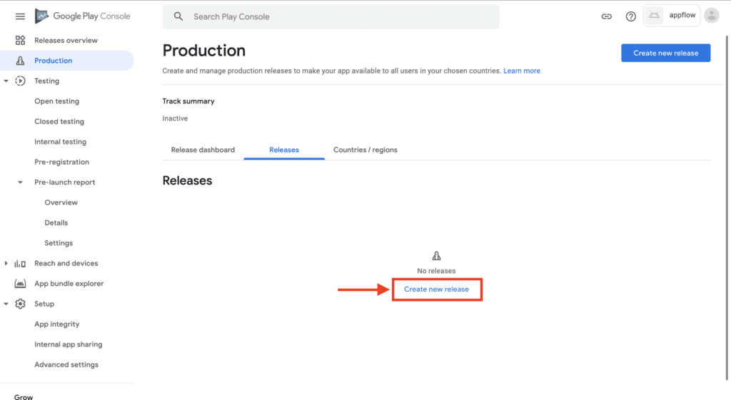 Google Play Console New Release Creation Google Play Console's Production tab with arrow pointing to the 'Create new release' button.