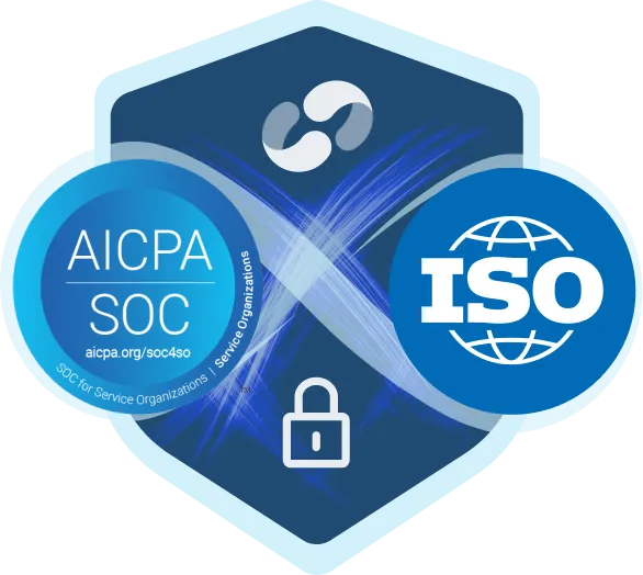 A Cloudcase case security / coat of arms showing Cloudcase logo, SOC II type 2 certification, ISO certification and padlock icon.