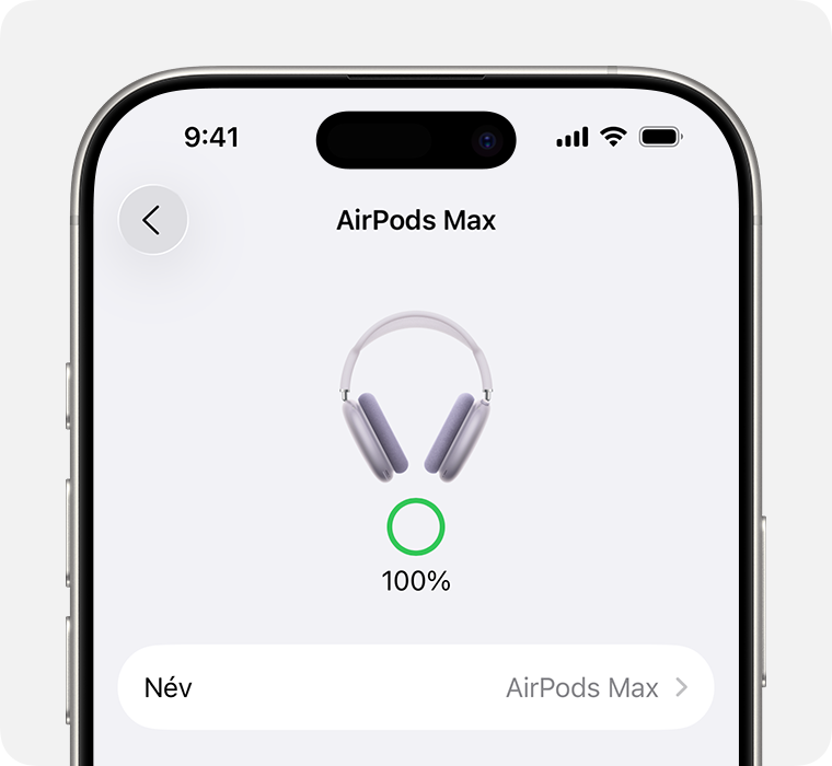 Az AirPods Max akkumulátorának töltöttségi szintje a Beállítások alkalmazásban iPhone-on.