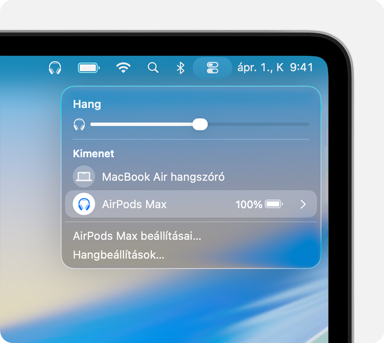 A Vezérlőközpont az AirPods Max akkumulátorának töltöttségi szintjét mutatja macOS-en.