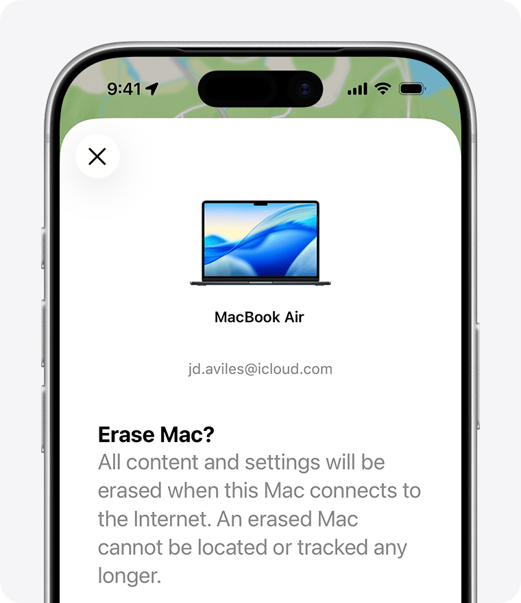An iPhone showing the Erase Mac screen for a MacBook Air. It shows an image of that Mac model, the name of the Mac, and the Apple Account associated with it.