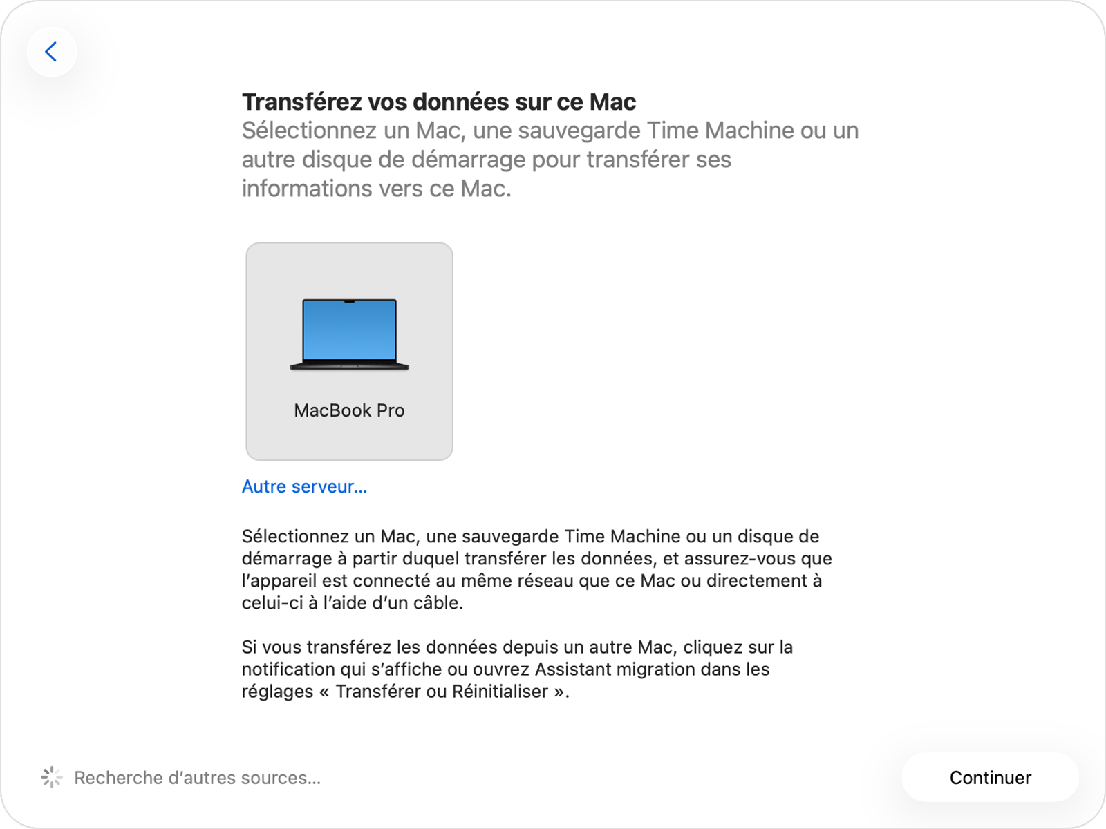 Assistant migration avec l’icône de l’ancien Mac sélectionnée.