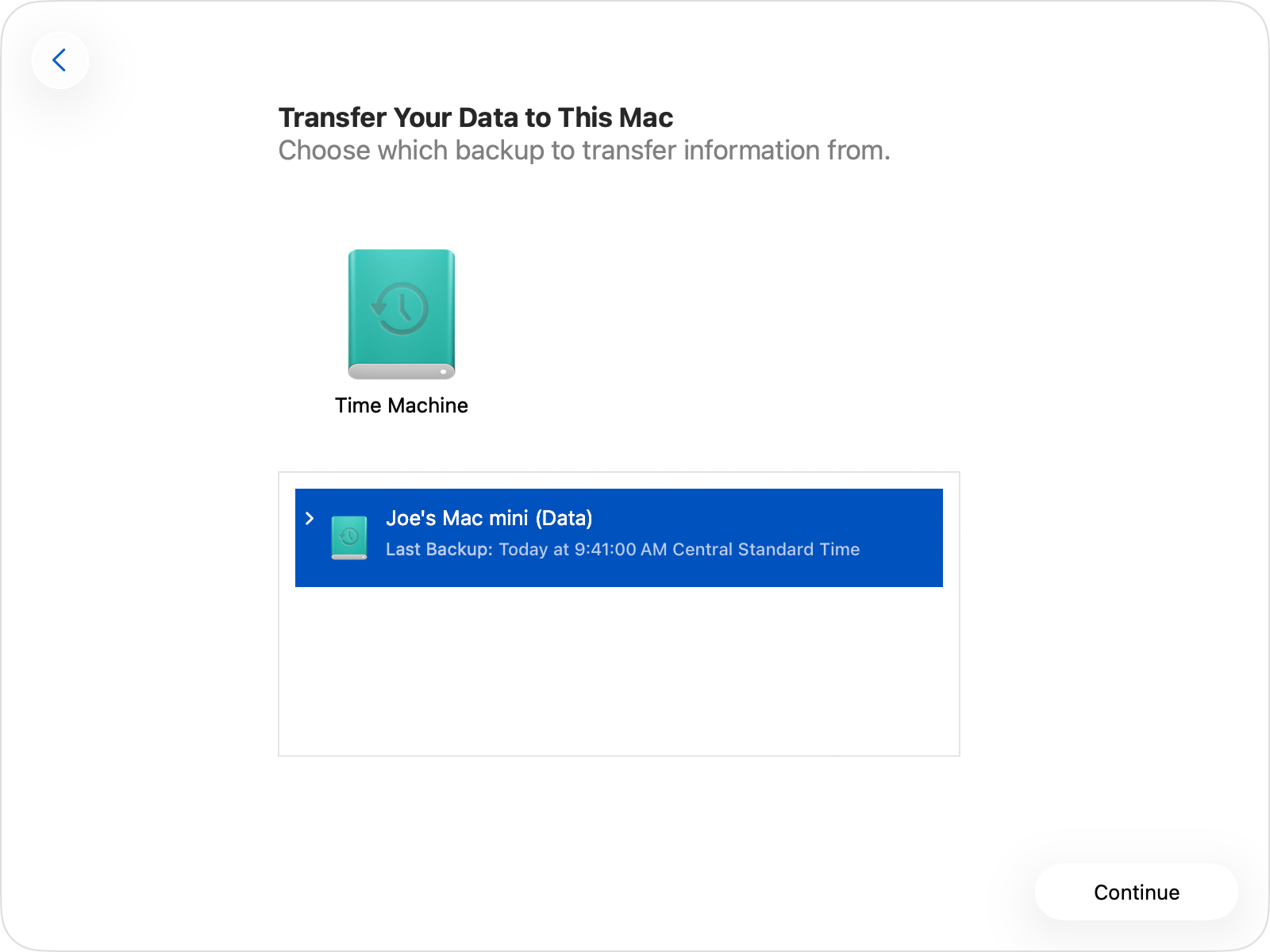Migration Assistant showing the backups of a Mac on the selected Time Machine disk.