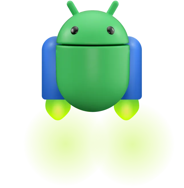Hình minh hoạ 3D về linh vật Android, đang đeo một chiếc ba lô phản lực phun ra một đám mây bong bóng lớn