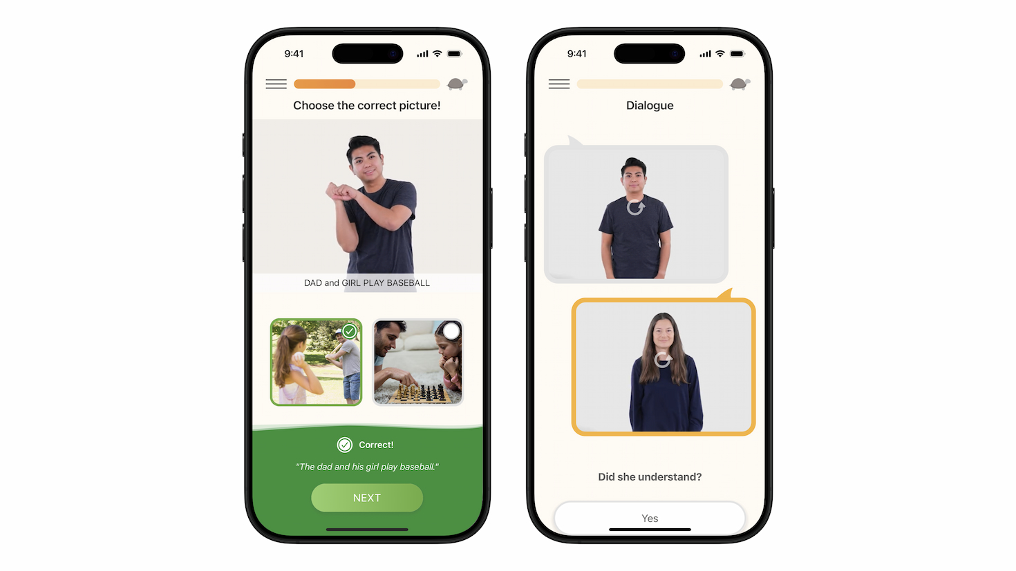 iPhoneに表示されたアプリ「Lingvano」の2つのスクリーンショット。「父親と女の子が野球をしています」、「理解しましたか？」というフレーズの手話をインストラクターが教えている。