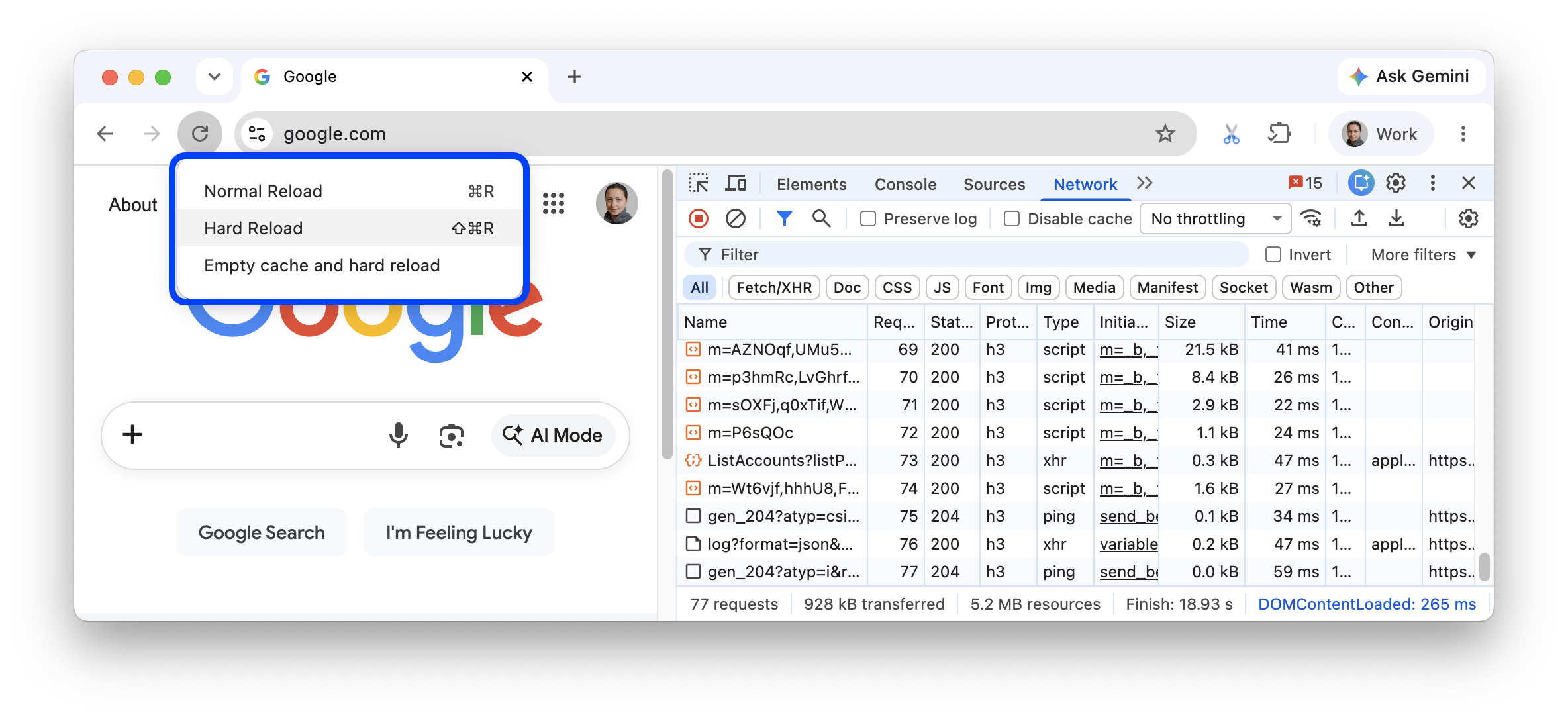 Três opções de recarregamento com o DevTools aberto.
