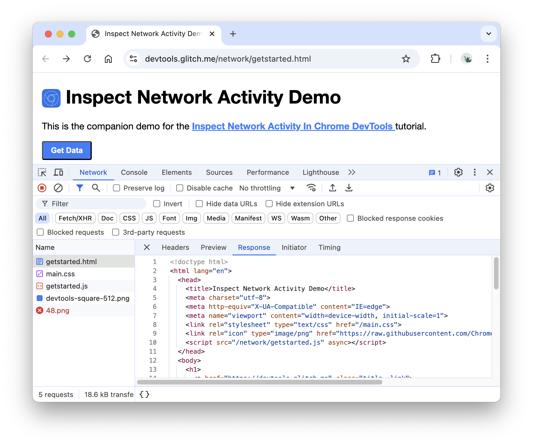Der Tab „Antwort“ im Netzwerkbereich.