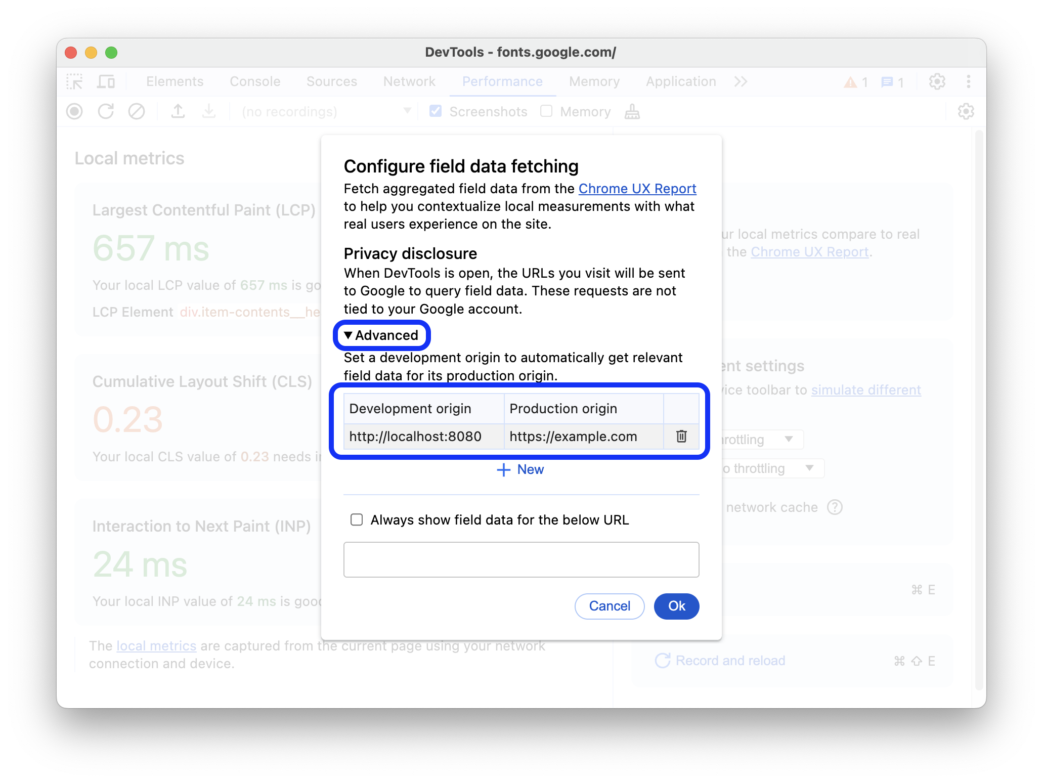 Mappage entre une origine de développement et une origine de production dans la section avancée.