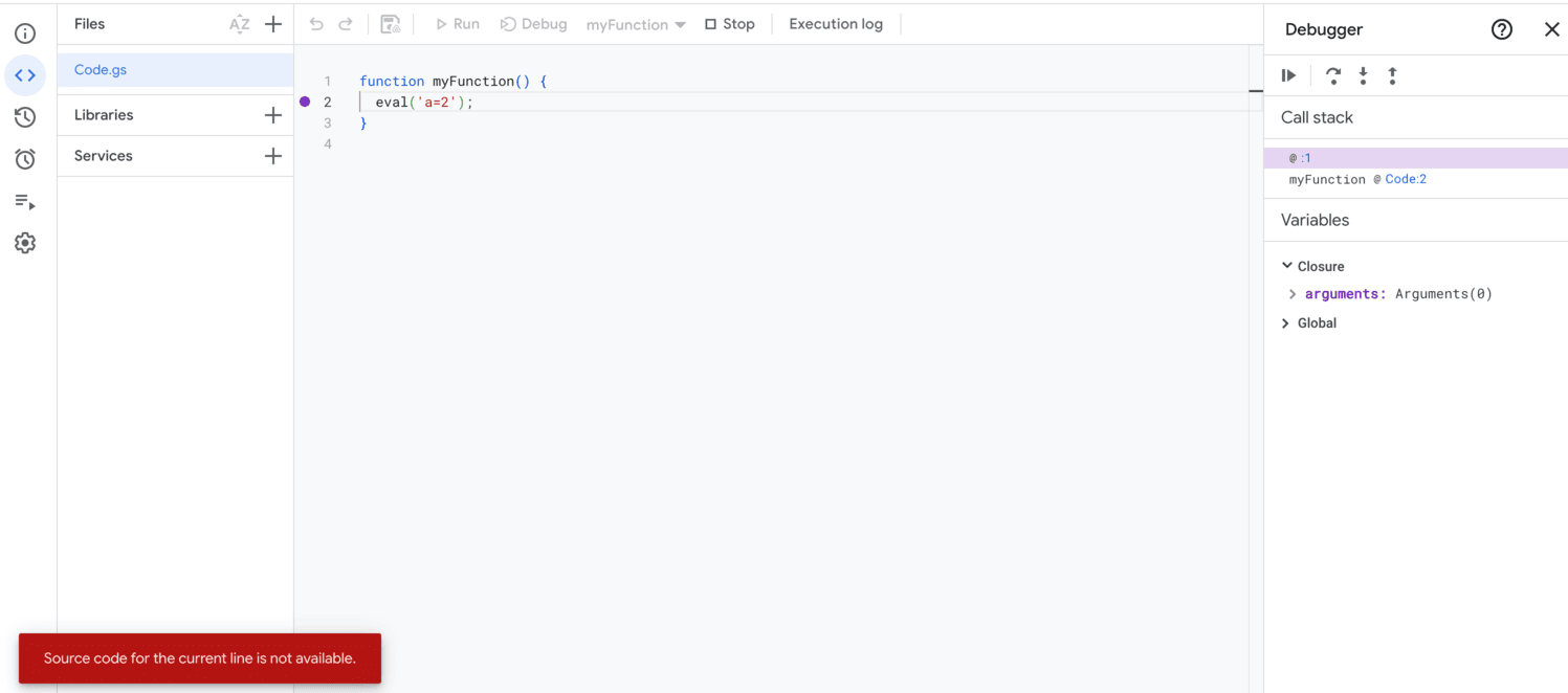 Source code for the current line is not available