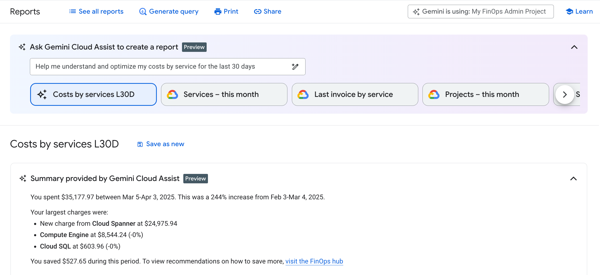 Las funciones de Gemini Cloud Assist en Facturación de Cloud están habilitadas para usarse en los informes de facturación.
