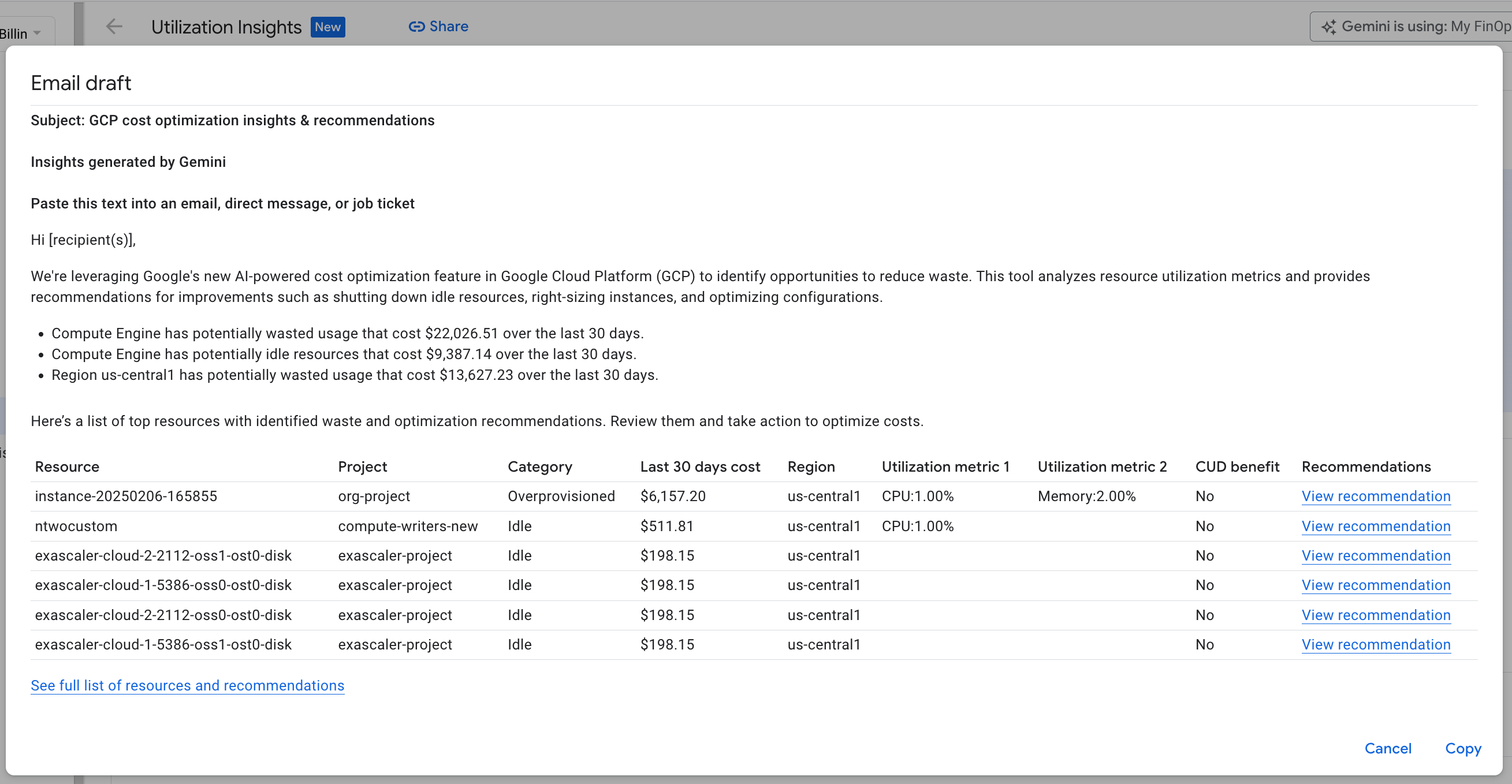 Ejemplo de un borrador de correo generado por Gemini, con información valiosa sobre el uso, los residuos identificados y las recomendaciones de optimización.
