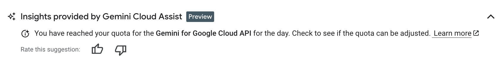 La API Gemini Cloud Assist ha alcanzado su cuota diaria de tokens para el proyecto de Gemini.