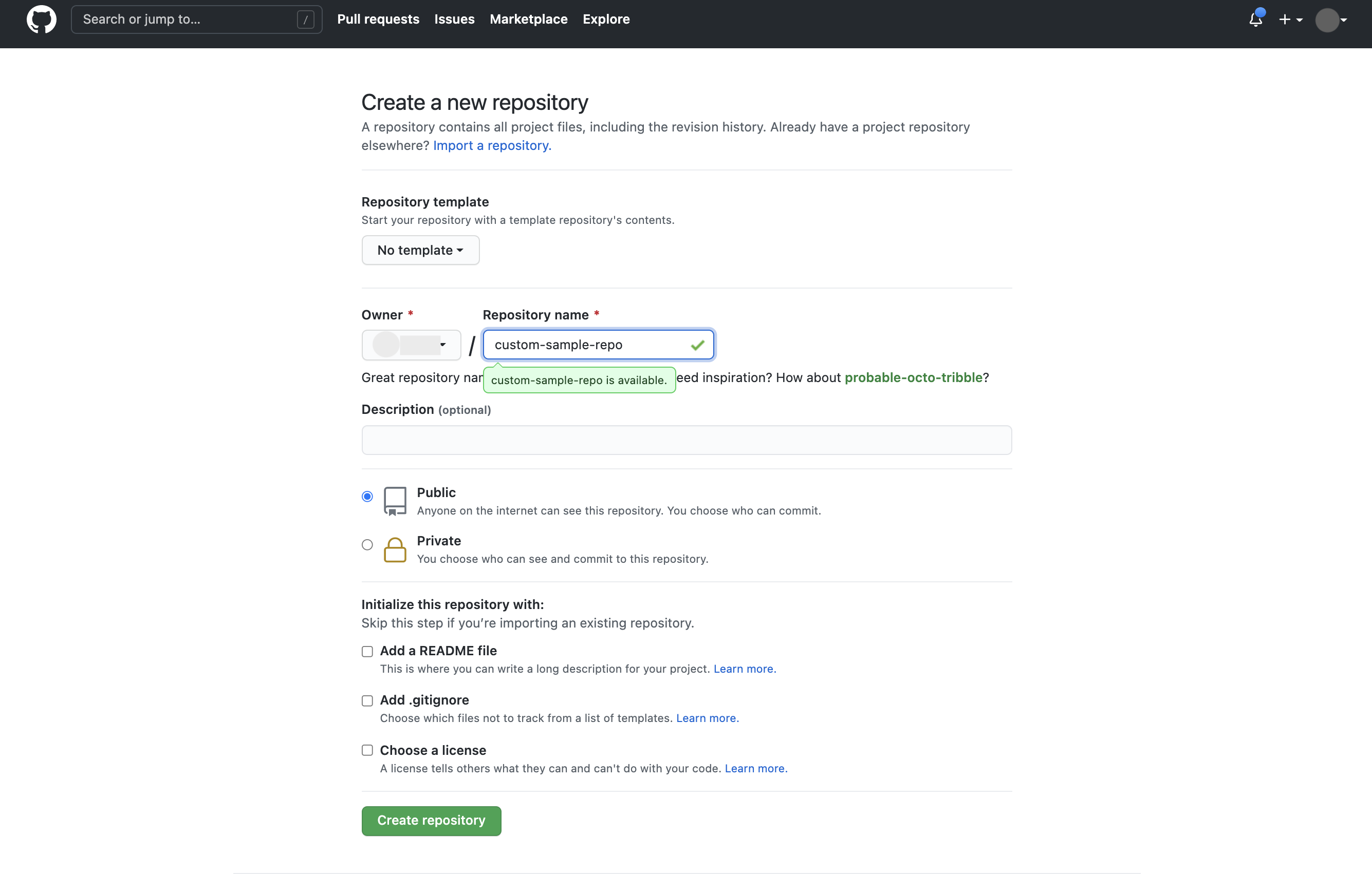 Interface de criação de repositórios do GitHub com o campo do nome do repositório preenchido com "custom-sample-repo"