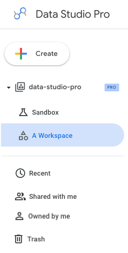 Navegación de la izquierda de Data Studio que muestra un proyecto Pro llamado looker-studio-pro, un espacio de trabajo en equipo destacado llamado A workspace y Sandbox. También está disponible la opción Propiedad mía.