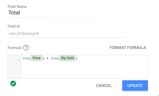 「新增欄位」面板會顯示公式 sum(Price) * sum(Qty Sold),用於計算名為「總計」的計算結果欄位。