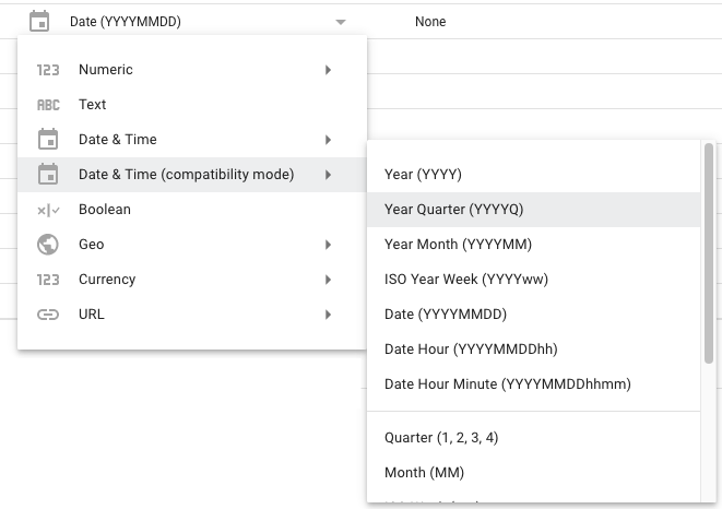 Le opzioni per il tipo di data e ora in modalità di compatibilità nel riquadro Modifica connessione includono periodi di tempo come anno (AAAA), trimestre anno (AAAAT) e mese anno (AAAAMM), tra gli altri.