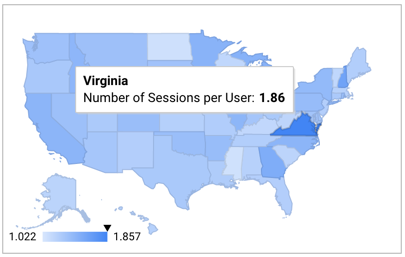 Diagram geografi Amerika Serikat dalam berbagai nuansa biru dengan Virginia dalam warna biru tua dan skala gradien biru dari 1,022 hingga 1,857; tooltip di atas Virginia menampilkan teks Jumlah Sesi per Pengguna: 1,85.