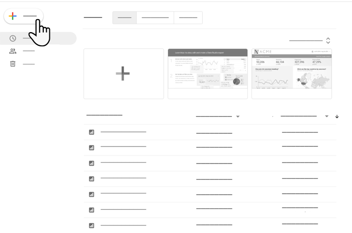 A user selects the + Create button on the Data Studio home page left navigation panel to create new content in Data Studio.