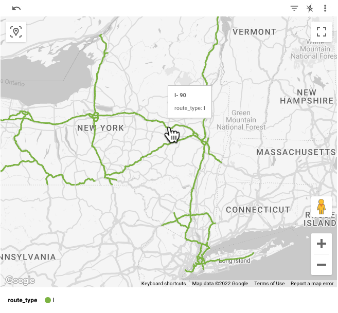 ニューヨーク州の州間幹線道路を示す Google マップ。選択されたルートが I-90(route_type: I)であることを示すツールチップが表示されています。