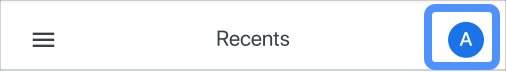 A barra de navegação do app Data Studio para dispositivos móveis com o ícone da Conta do Google em destaque.