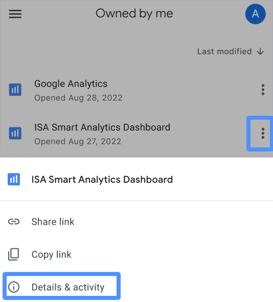 Um usuário seleciona o menu "opções" de relatório de três pontos em um relatório chamado "Painel da análise inteligente da ISA" para conferir os detalhes e a atividade dele.