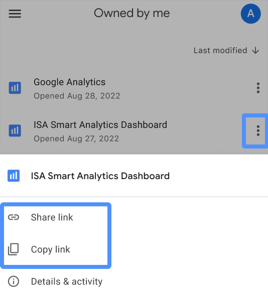 Um usuário seleciona o menu de três pontos de um relatório chamado "Painel da análise inteligente da ISA" para mostrar as opções de compartilhamento e cópia do link.