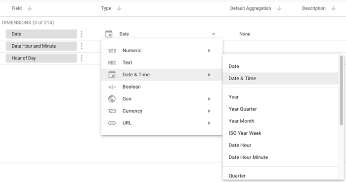 Ein Nutzer wählt im Bereich „Verbindung bearbeiten“ das Drop-down-Menü „Typ“ der Dimension „Datum“ aus, um sich die verfügbaren Zeitrahmenoptionen für die Dimension „Datum“ anzeigen zu lassen.