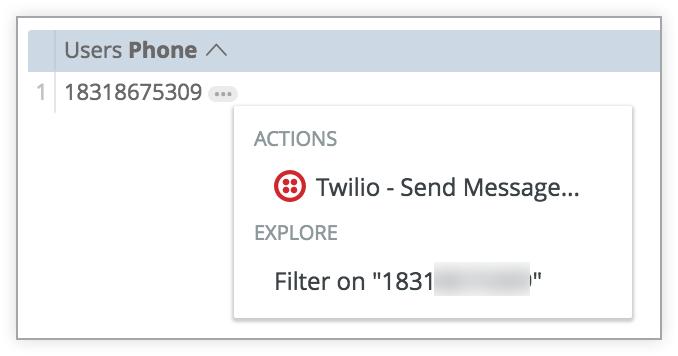 Menú de desglose del campo Teléfono de usuario que incluye Twilio - Enviar mensaje en la sección Acciones.