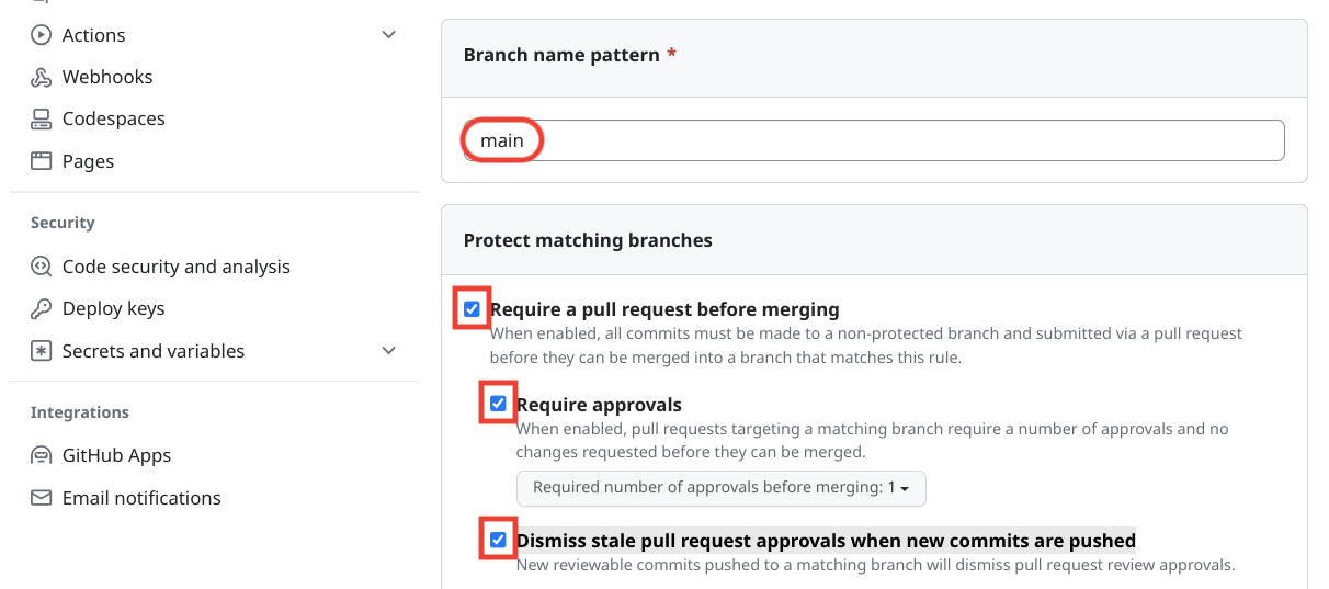 IU de GitHub para configurar las opciones de protección de ramas.