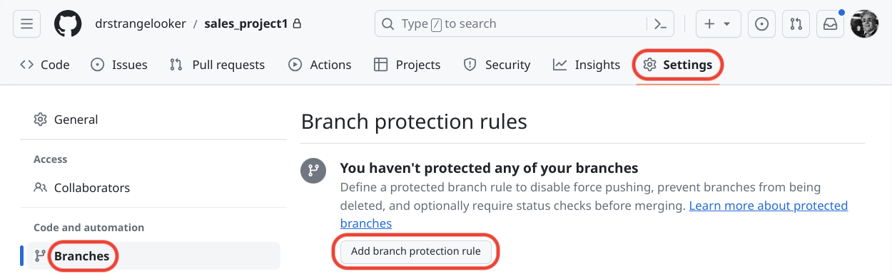 Interface do GitHub para adicionar proteção de ramificação.