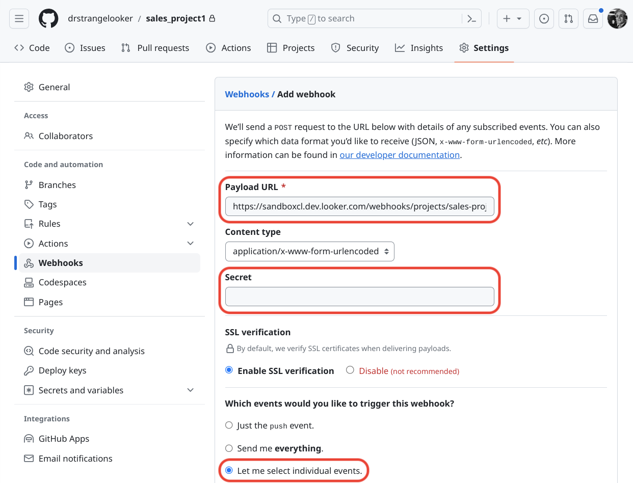 Interface do GitHub para configurar webhooks.