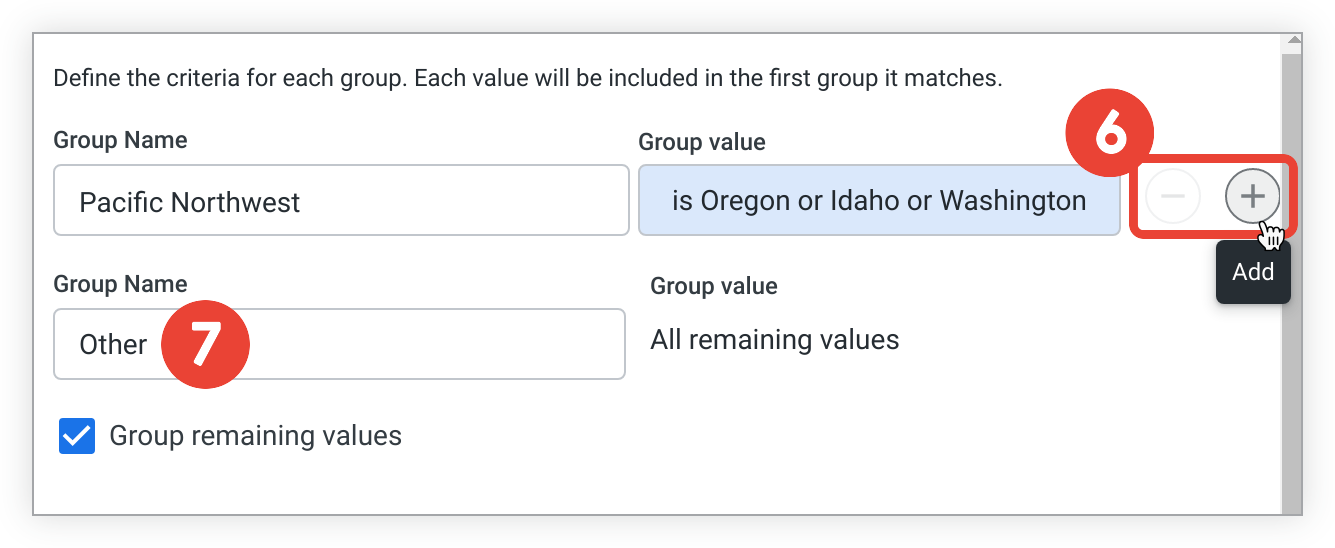 A user hovers their cursor over the Add plus sign button next to the existing Group value, and the Group remaining values checkbox is selected.