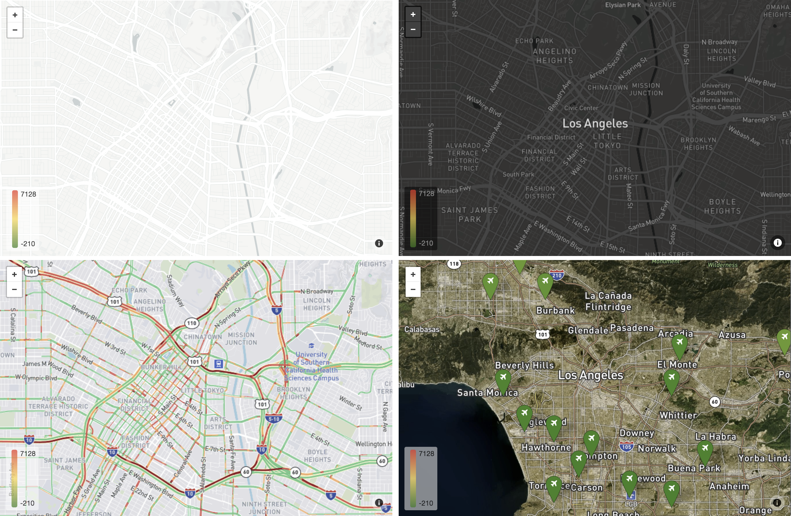 Screenshot di esempio degli stili della mappa Chiaro, Scuro, Satellite e Traffico.