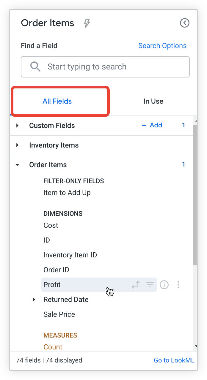 An All Fields tab holding the pointer over the Profit dimension.