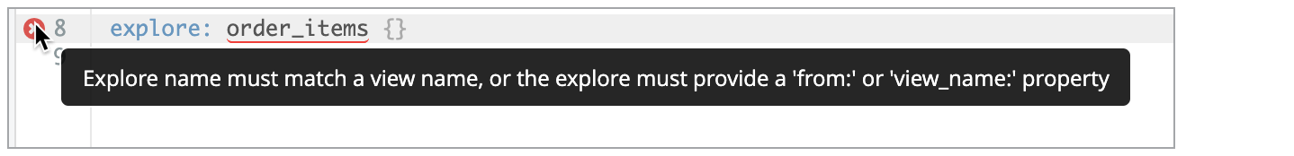Esempio di avviso con testo che indica che l'esplorazione deve corrispondere a un nome di vista o che deve avere una proprietà from o view_name.