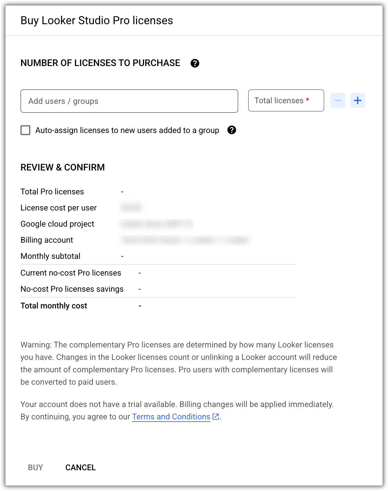 The Buy Looker Studio Pro licenses panel.