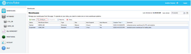 The Warehouses tab in the Snowflake UI, showing the autosuspend and auto-resume checkboxes.