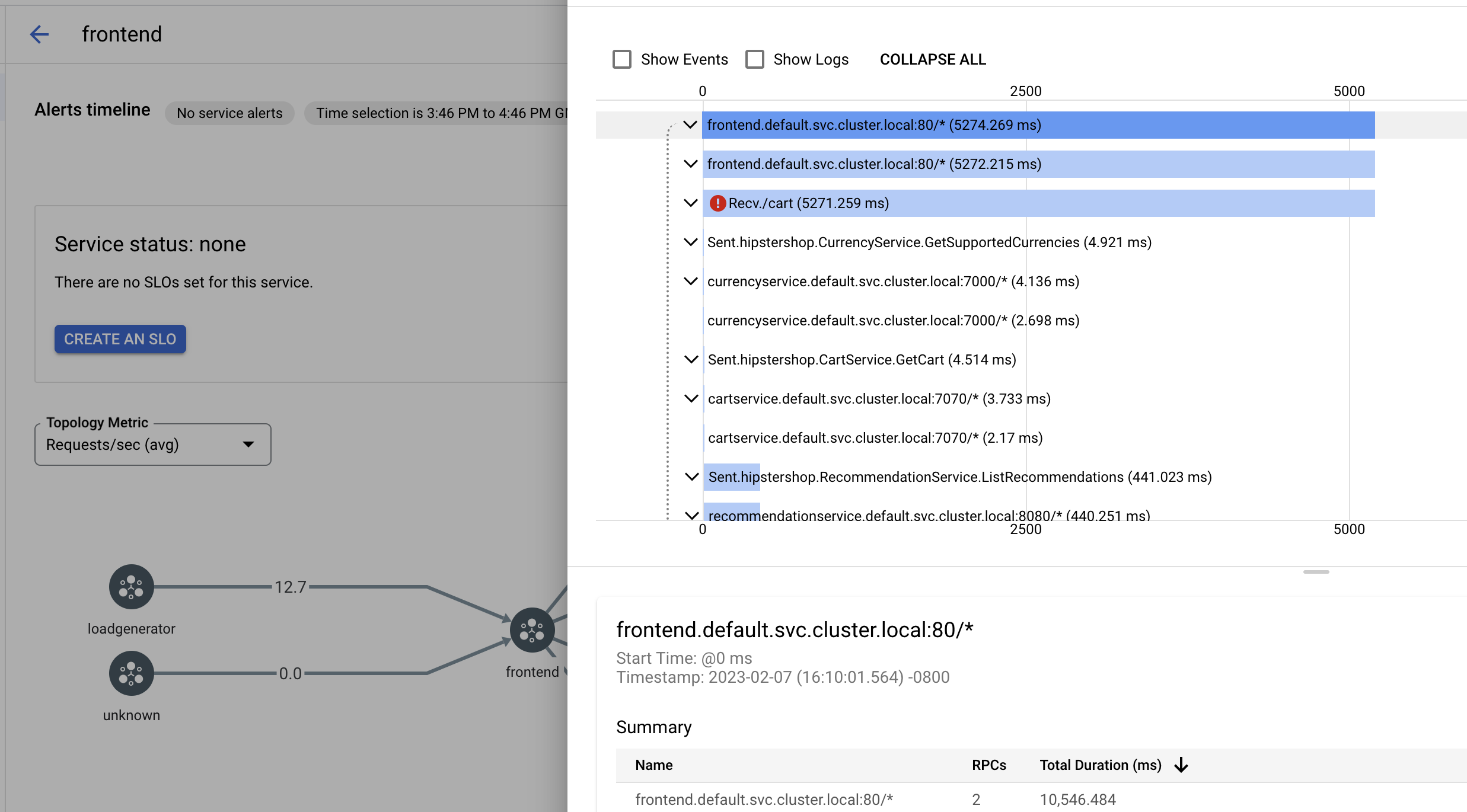 חלונית המשנה של Cloud Service Mesh trace