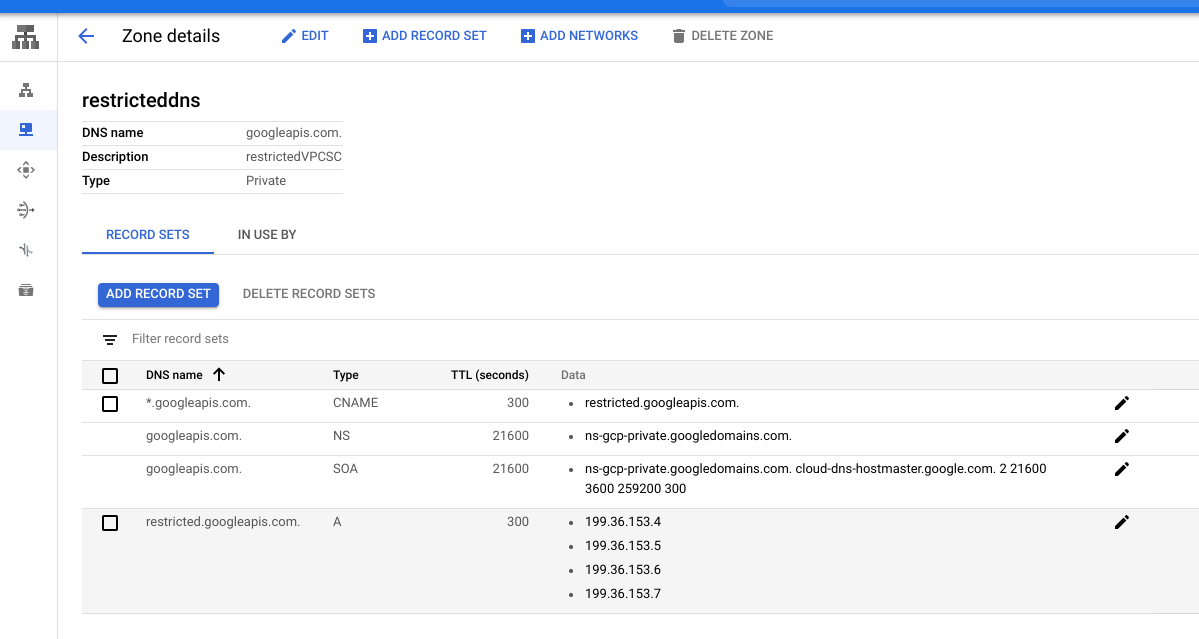 In Dettagli zona, il nome DNS *.googleapis.com contiene restricted.googleapis.com nel campo Dati