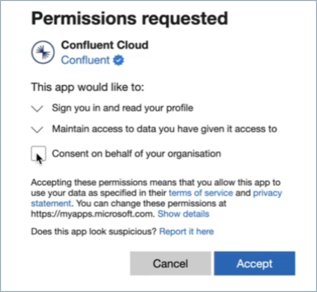 Azure accept permissions dialog