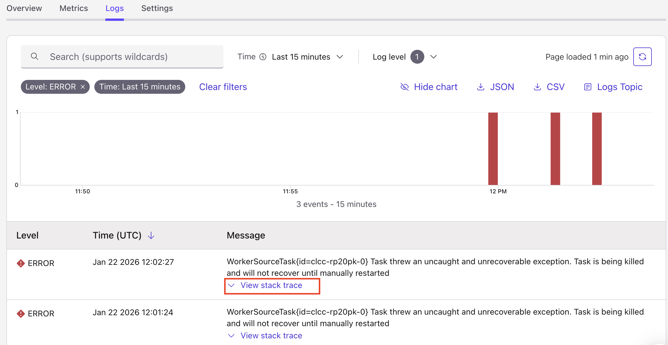 Error Logs with stack trace