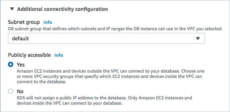 AWS example showing public access for Microsoft SQL Server