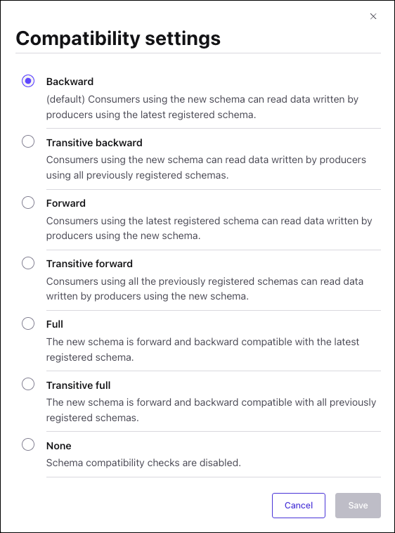 Screenshot of schema compatibility settings on Confluent Cloud
