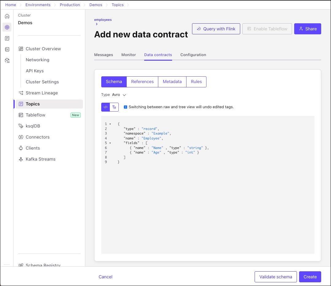 Create a schema and choose type in Confluent Cloud web UI